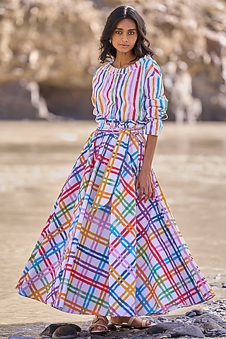 Multi-Colored Organic Cotton Poplin Checkered Maxi Skirt by Dash and Dot