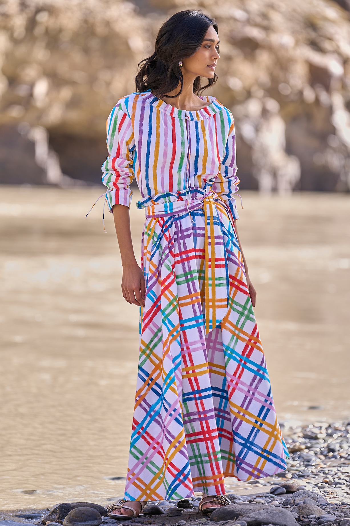 Multi-Colored Organic Cotton Poplin Checkered Maxi Skirt Set by