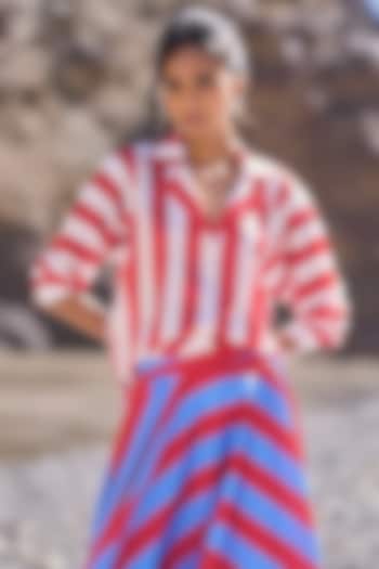 Cherry Red & White Satin Striped Button-Down Shirt by Dash and Dot at Pernia's Pop Up Shop