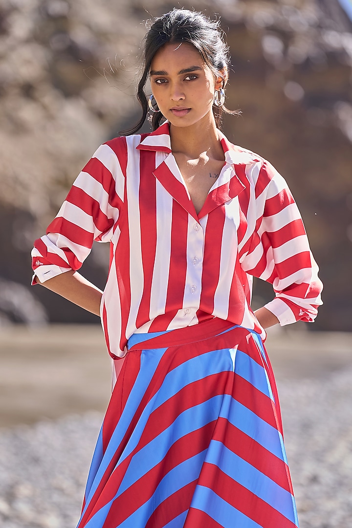 Cherry Red & White Satin Striped Button-Down Shirt by Dash and Dot at Pernia's Pop Up Shop