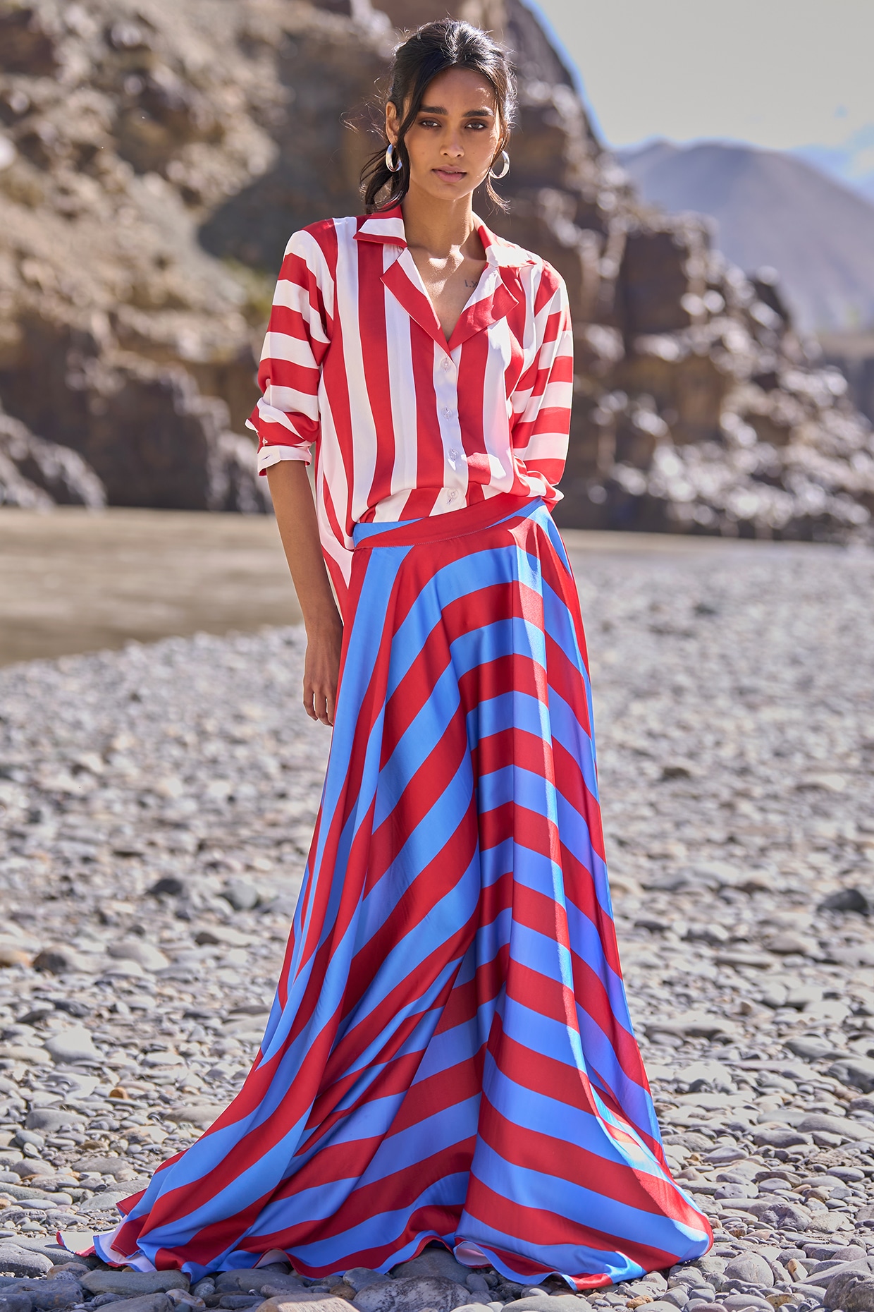 Blue & Red Satin Striped Flowy Maxi Skirt by Dash and Dot at