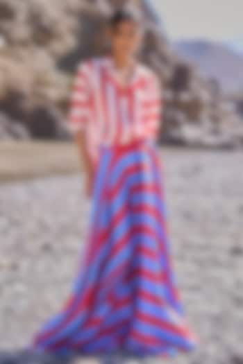 Blue & Red Satin Striped Flowy Maxi Skirt by Dash and Dot at Pernia's Pop Up Shop