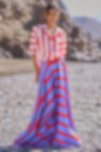 Blue & Red Satin Striped Flowy Maxi Skirt Set by Dash and Dot at Pernia's Pop Up Shop