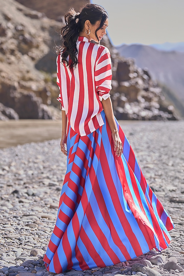 Blue & Red Satin Striped Flowy Maxi Skirt Set by Dash and Dot at Pernia's Pop Up Shop