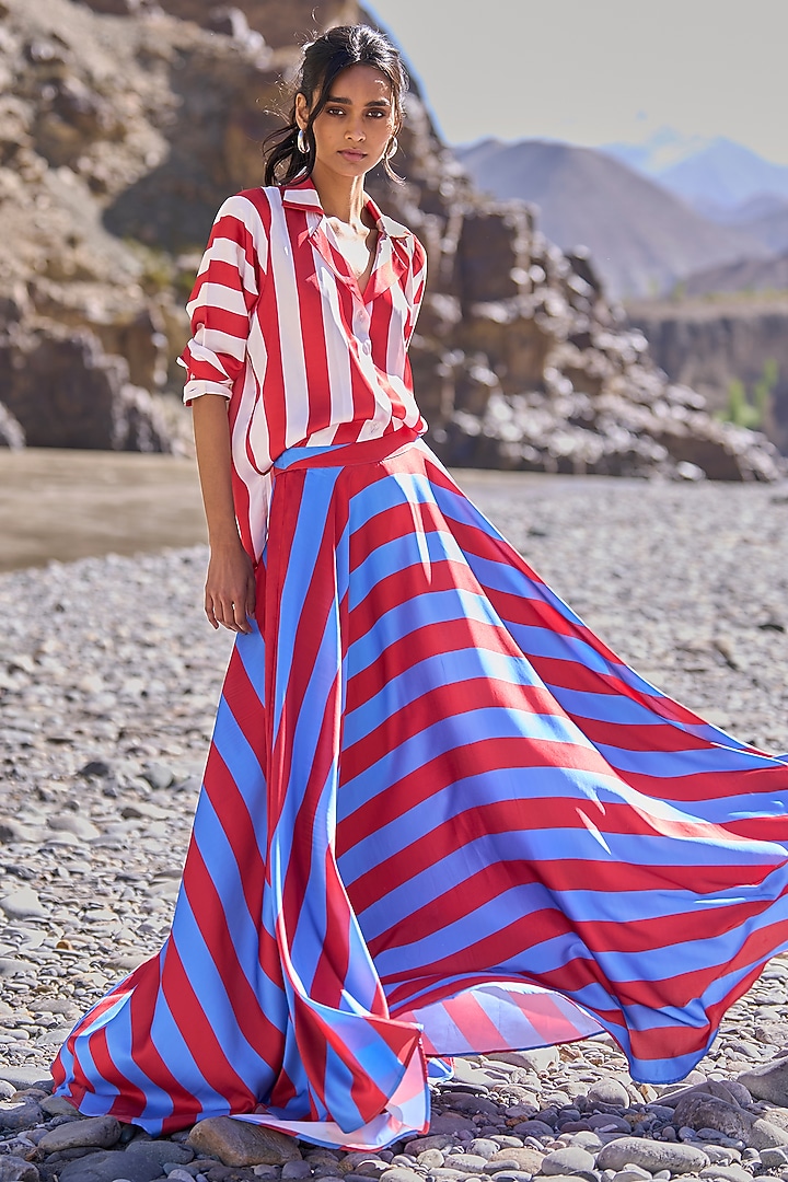 Blue & Red Satin Striped Flowy Maxi Skirt Set by Dash and Dot at Pernia's Pop Up Shop