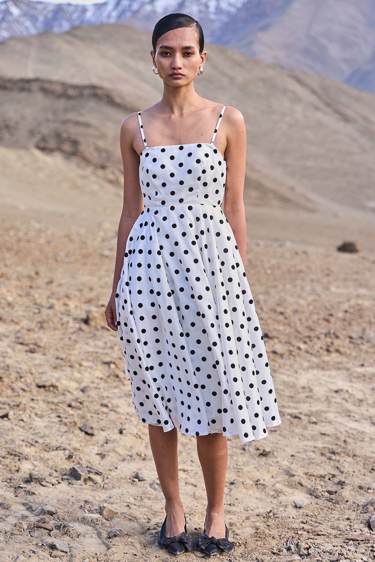 knee length dresses for ladies Lorcan Strapless Ruffle Dotted Midi Dress Oat main image 1