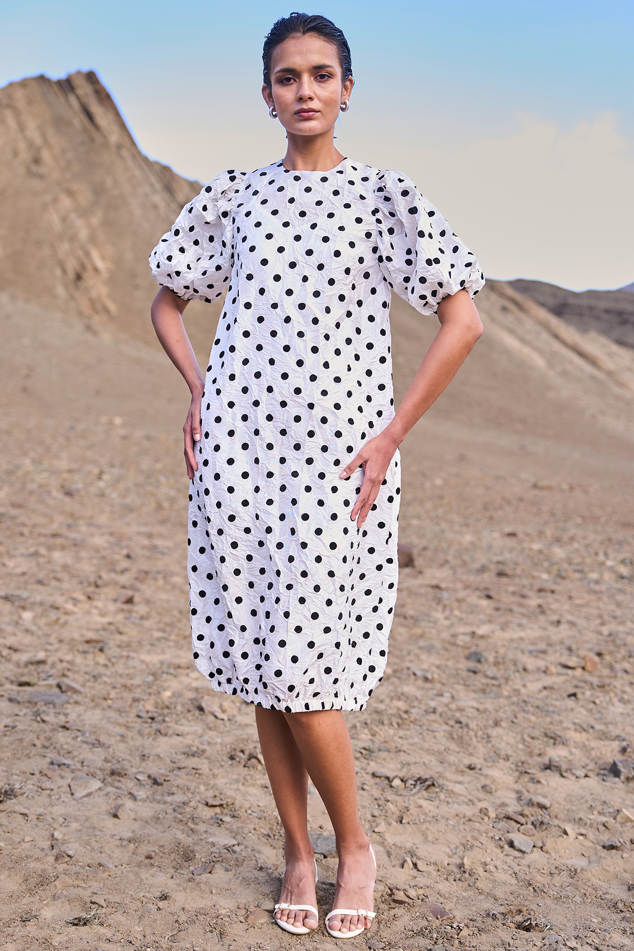 White Recycled Polyester Polka Dot Printed A-Line  Midi Summer Dress by Dash and Dot at Pernia's Pop Up Shop