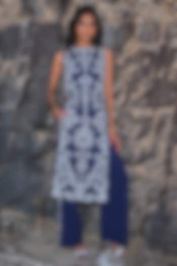 Navy Blue Recycled Polyester Stitch Embroidered High-Waist Pants by Dash and Dot at Pernia's Pop Up Shop