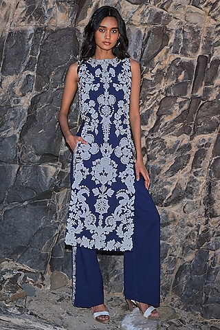 Navy Blue Recycled Polyester Stitch Embroidered High-Waist Pants by Dash and Dot