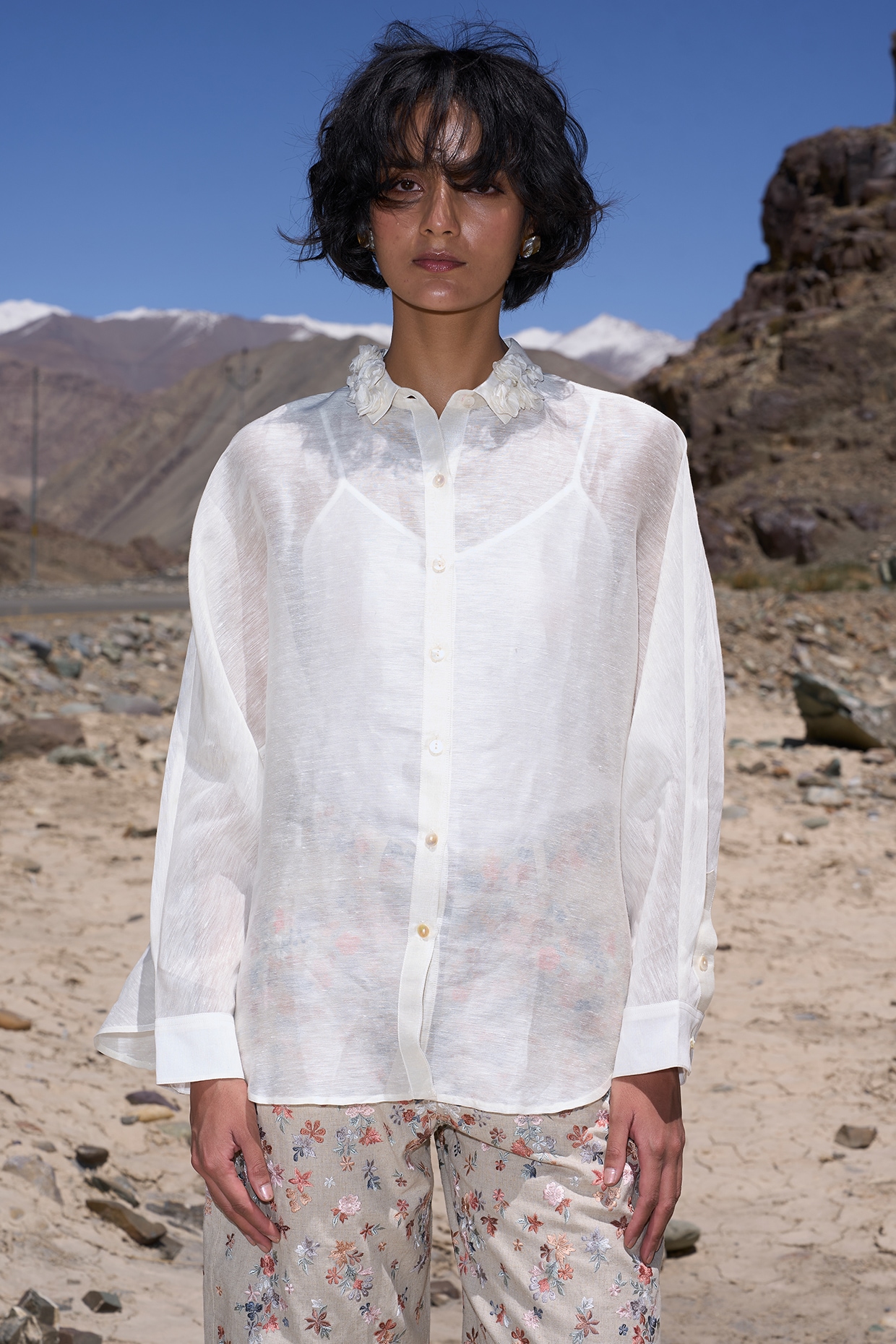 Ivory Linen &amp; Silk Floral Embroidered Sheer Shirt by Dash and Dot at  Pernia's Pop Up Shop