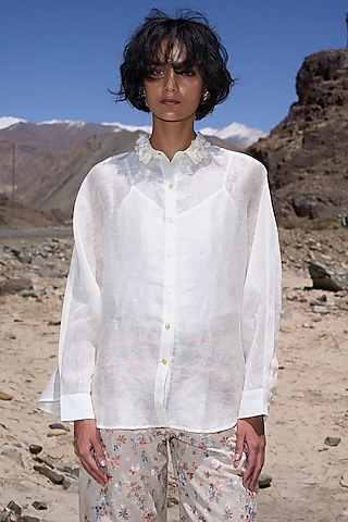 Ivory Linen & Silk Floral Embroidered Sheer Shirt by Dash and Dot