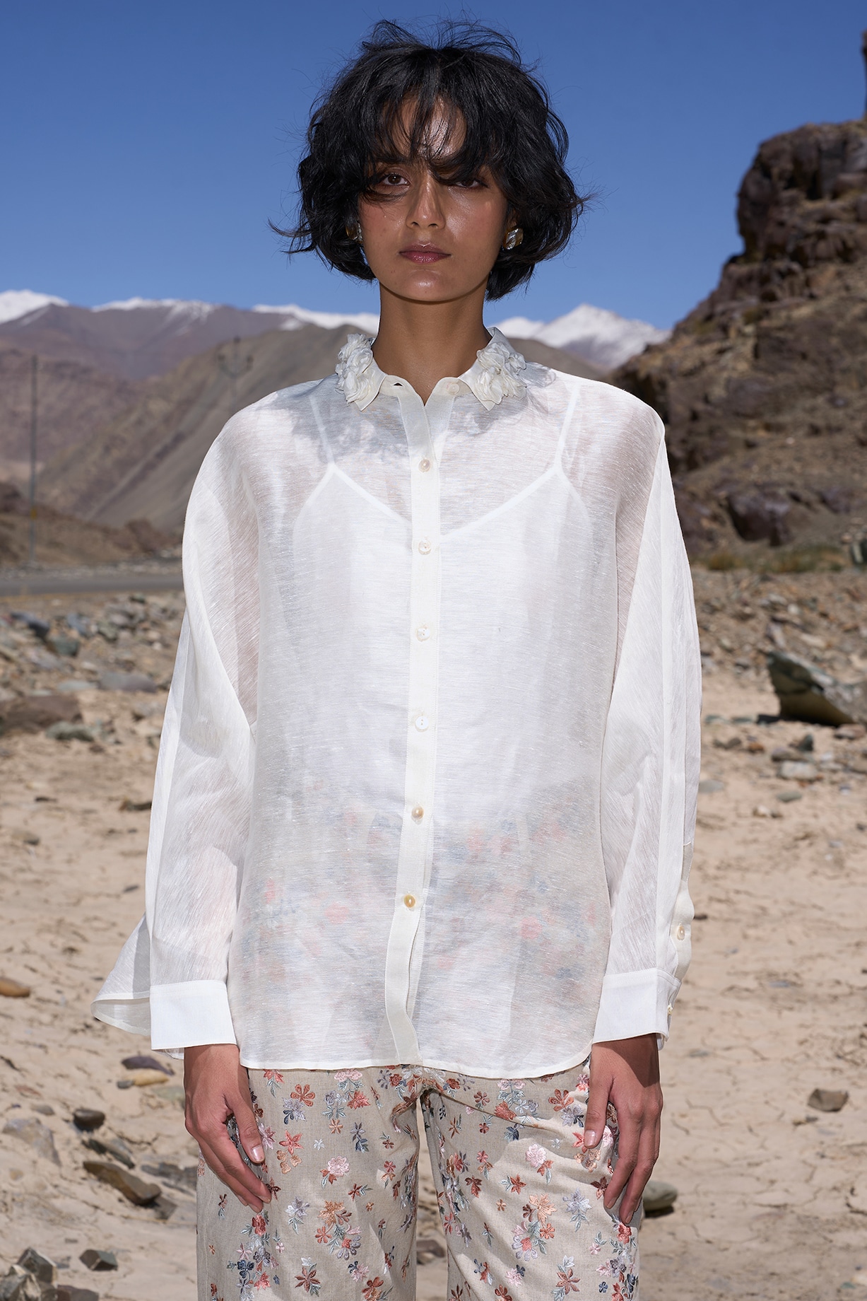 Ivory Linen Silk Floral Embroidered Sheer Shirt by Dash and Dot at  Pernia's Pop Up Shop
