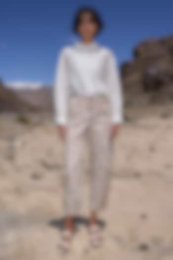 Beige Linen Floral Embroidered Straight-Fit Pants by Dash and Dot at Pernia's Pop Up Shop