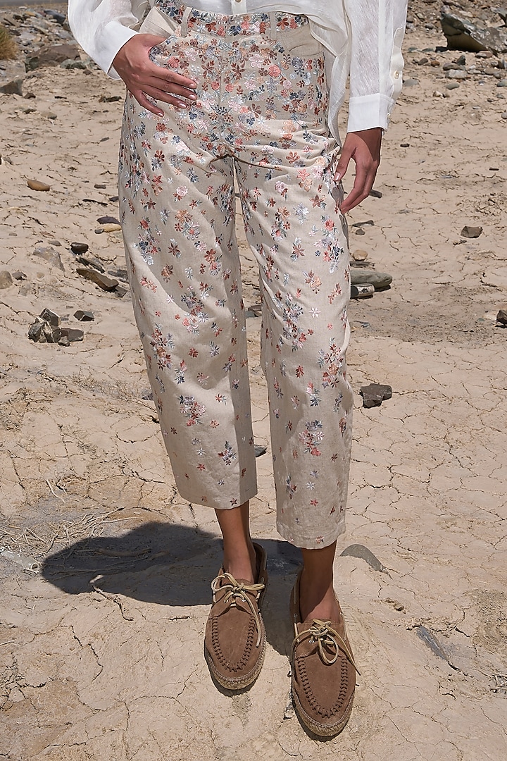Beige Linen Floral Embroidered Straight-Fit Pants by Dash and Dot at Pernia's Pop Up Shop