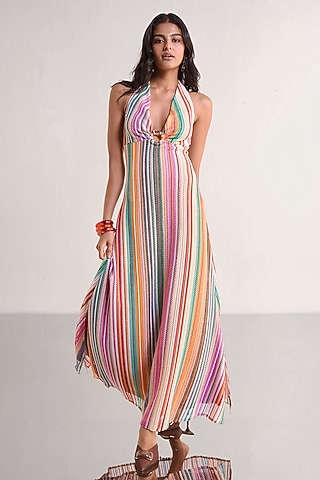 Multi-Colored Recycled Polyester Knitted Striped Maxi Dress by Dash and Dot
