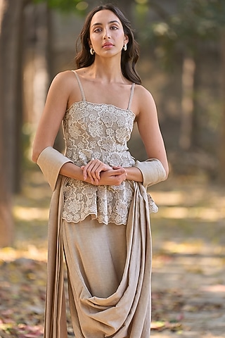 Taupe Recycled Polyester Embroidered Peplum Top by Dash and Dot