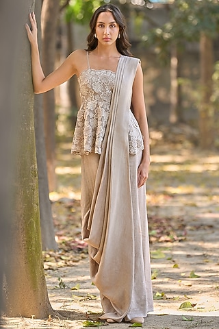 Taupe Organic Viscose & Linen Draped Straight-Cut Maxi Skirt by Dash and Dot