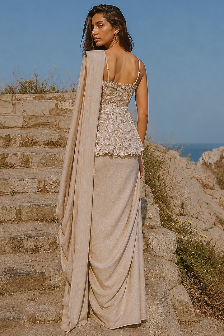 Taupe Organic Viscose & Linen Draped Straight-Cut Maxi Skirt by Dash and Dot at Pernia's Pop Up Shop