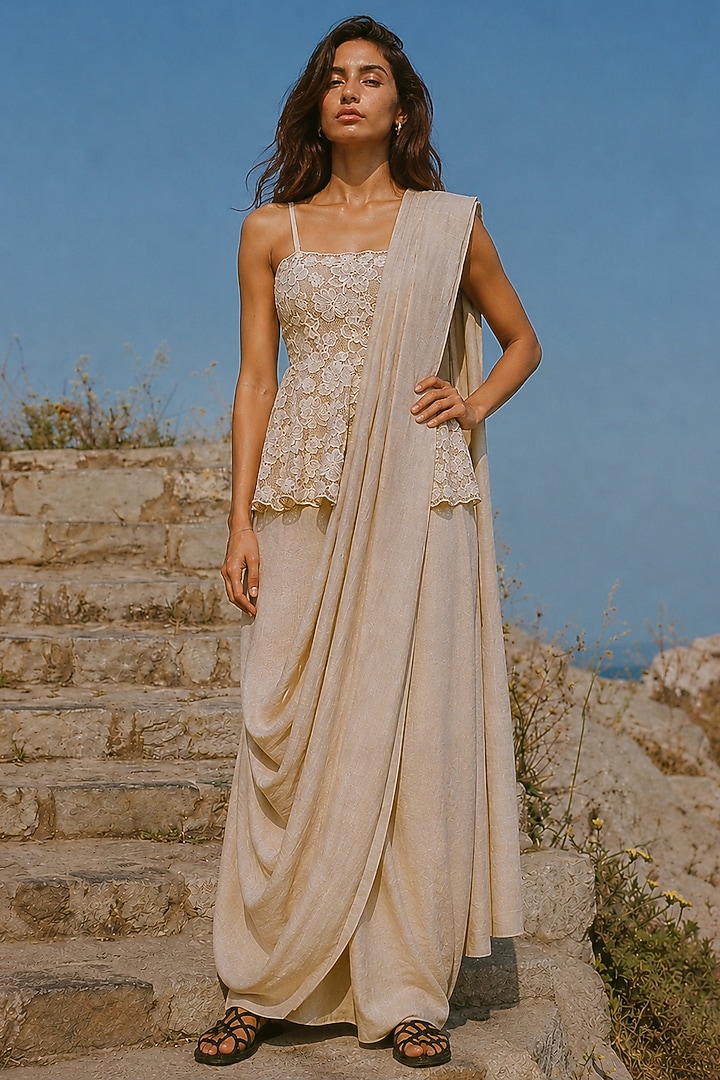 Taupe Organic Viscose & Linen Draped Straight-Cut Maxi Skirt by Dash and Dot at Pernia's Pop Up Shop