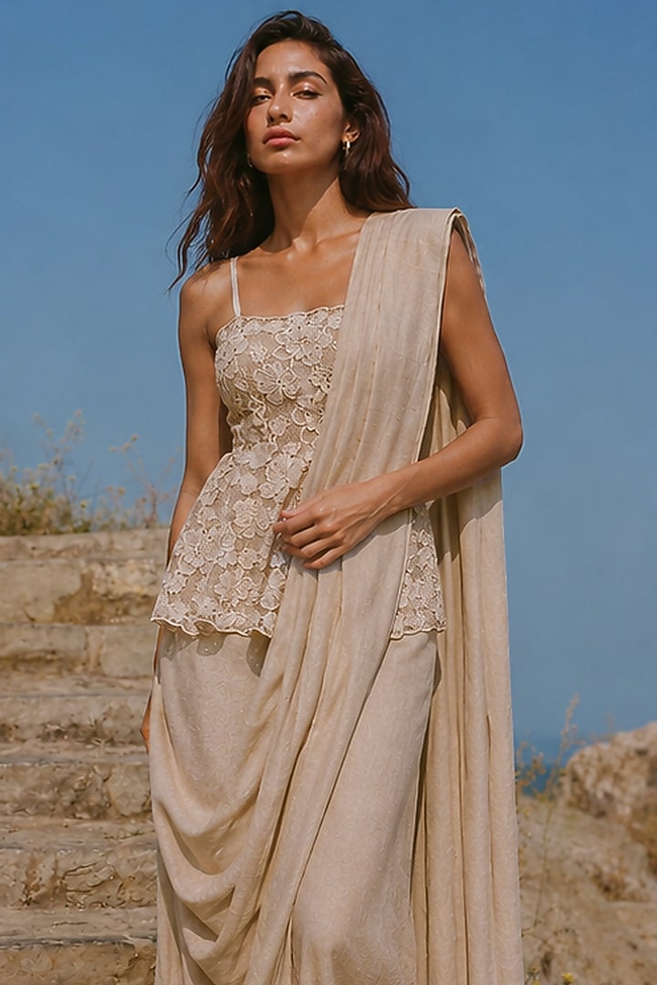 Taupe Organic Viscose & Linen Draped Skirt Set by Dash and Dot at Pernia's Pop Up Shop