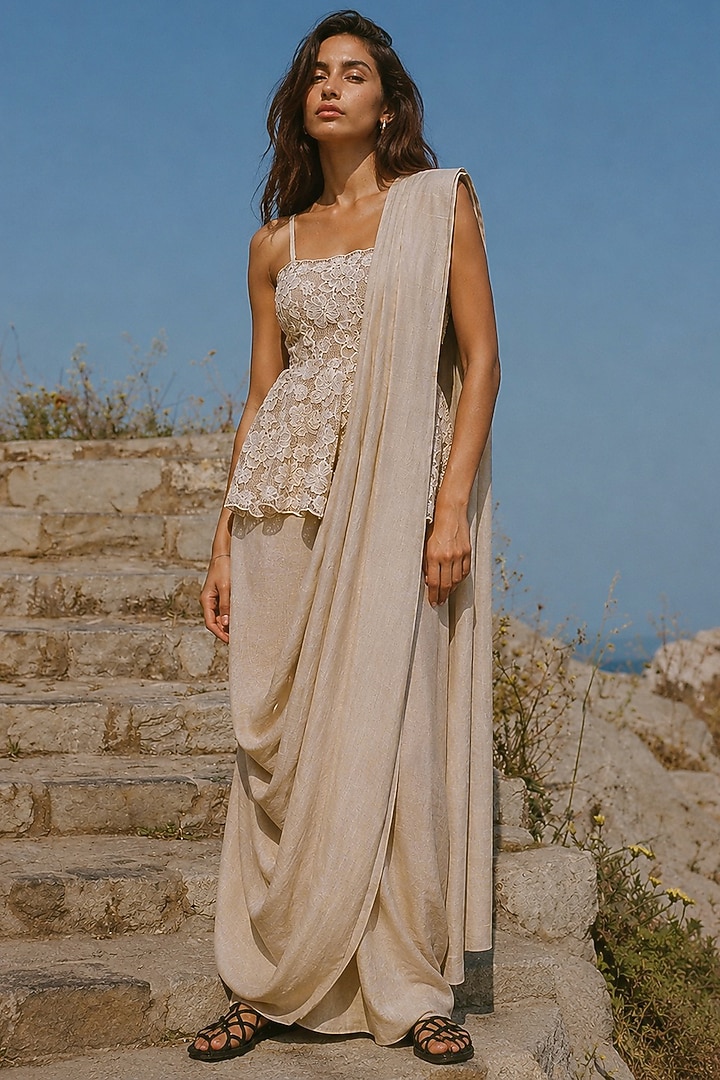 Taupe Organic Viscose & Linen Draped Skirt Set by Dash and Dot at Pernia's Pop Up Shop