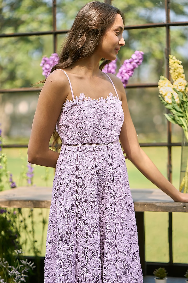 Lavender Organic Viscose Floral Corded Lace A-line Midi Vacation Dress by Dash and Dot at Pernia's Pop Up Shop