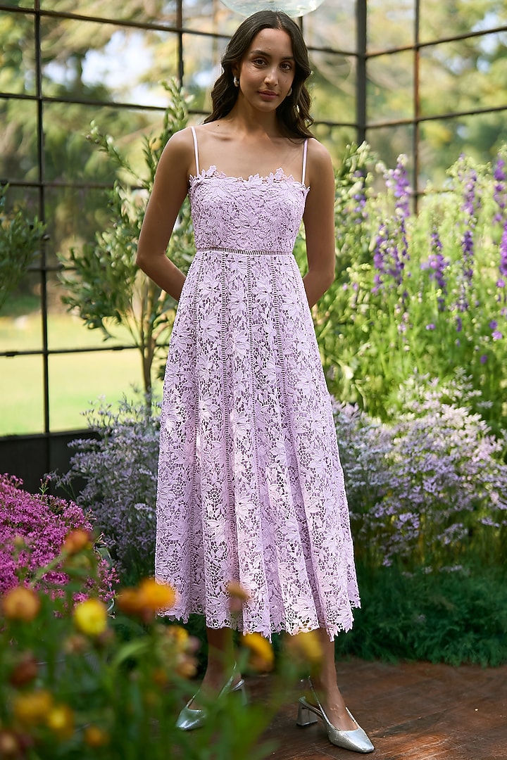 Lavender Organic Viscose Floral Corded Lace A-line Midi Vacation Dress by Dash and Dot at Pernia's Pop Up Shop