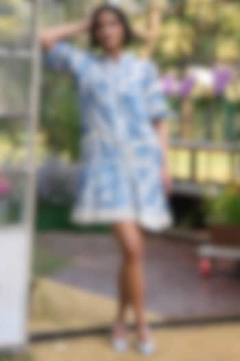 Ice Blue & White Organic Viscose & Linen Tiered Mini Summer Dress by Dash and Dot at Pernia's Pop Up Shop