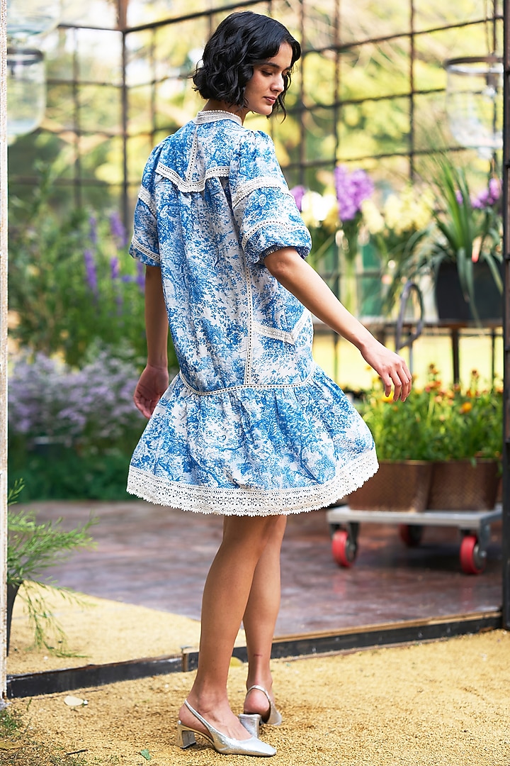 Ice Blue & White Organic Viscose & Linen Tiered Mini Summer Dress by Dash and Dot at Pernia's Pop Up Shop