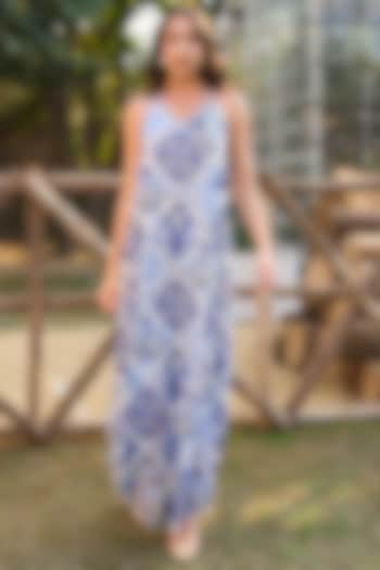 Blue Recycled Polyester & Viscose Embroidered Halter-Neck Summer Dress by Dash and Dot at Pernia's Pop Up Shop