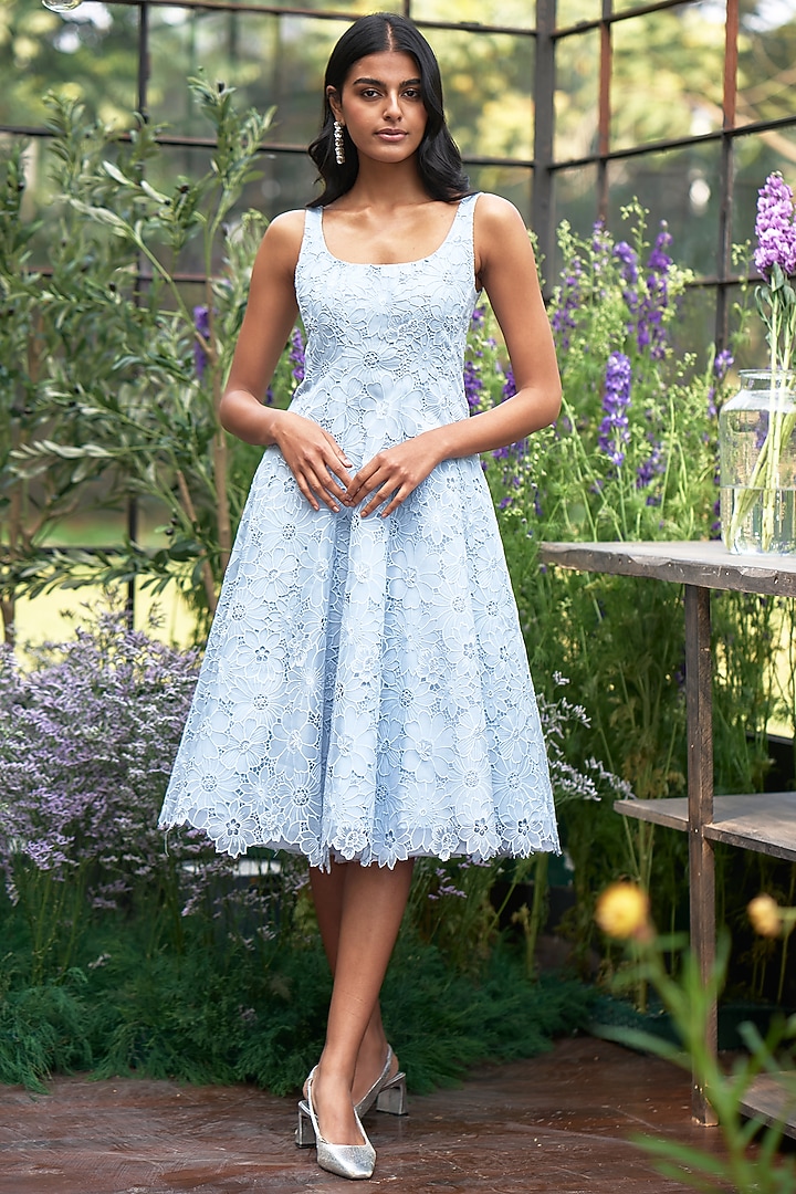 Ice Blue Recycled Polyester & Viscose Floral Cutwork Midi Vacation Dress by Dash and Dot at Pernia's Pop Up Shop
