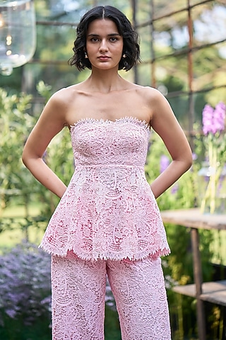 Pastel Pink Organic Viscose Floral Off-Shoulder Peplum Top by Dash and Dot