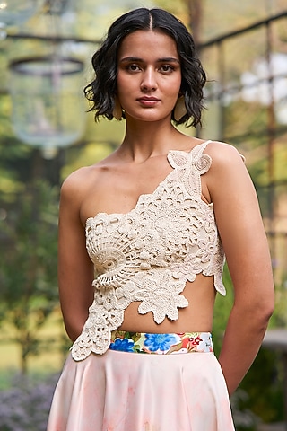 Beige Recycled Polyester Crochet Lace Bandeau Top by Dash and Dot