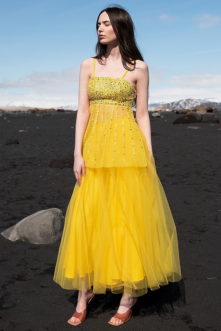 Yellow Tulle Flared Skirt by SEEMA GUJRAL X DASH AND DOT