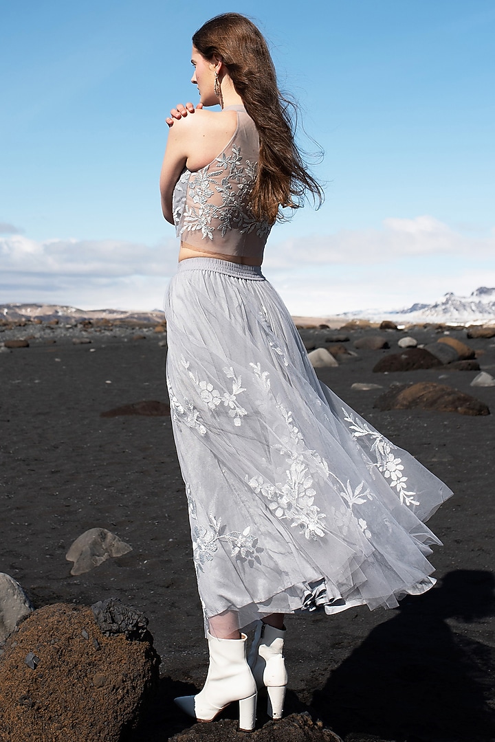 Steel Grey Soft Tulle Embroidered Skirt Set by SEEMA GUJRAL X DASH AND DOT at Pernia's Pop Up Shop
