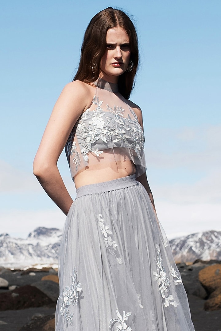 Steel Grey Soft Tulle Embroidered Skirt Set by SEEMA GUJRAL X DASH AND DOT at Pernia's Pop Up Shop