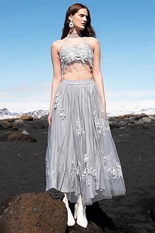Steel Grey Soft Tulle Embroidered Skirt by SEEMA GUJRAL X DASH AND DOT