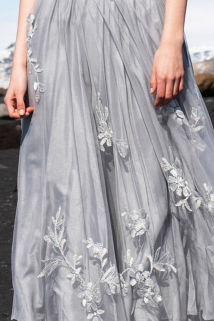 Steel Grey Soft Tulle Embroidered Skirt by SEEMA GUJRAL X DASH AND DOT at Pernia's Pop Up Shop