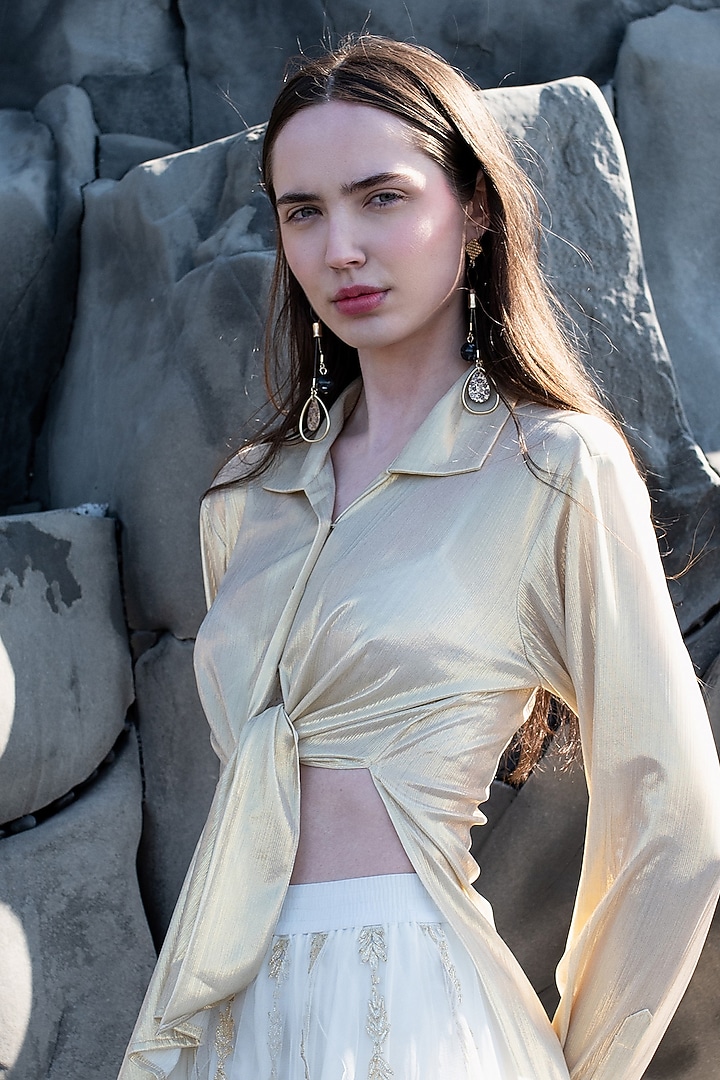 Champagne Gold Foil Lame Shirt by SEEMA GUJRAL X DASH AND DOT at Pernia's Pop Up Shop