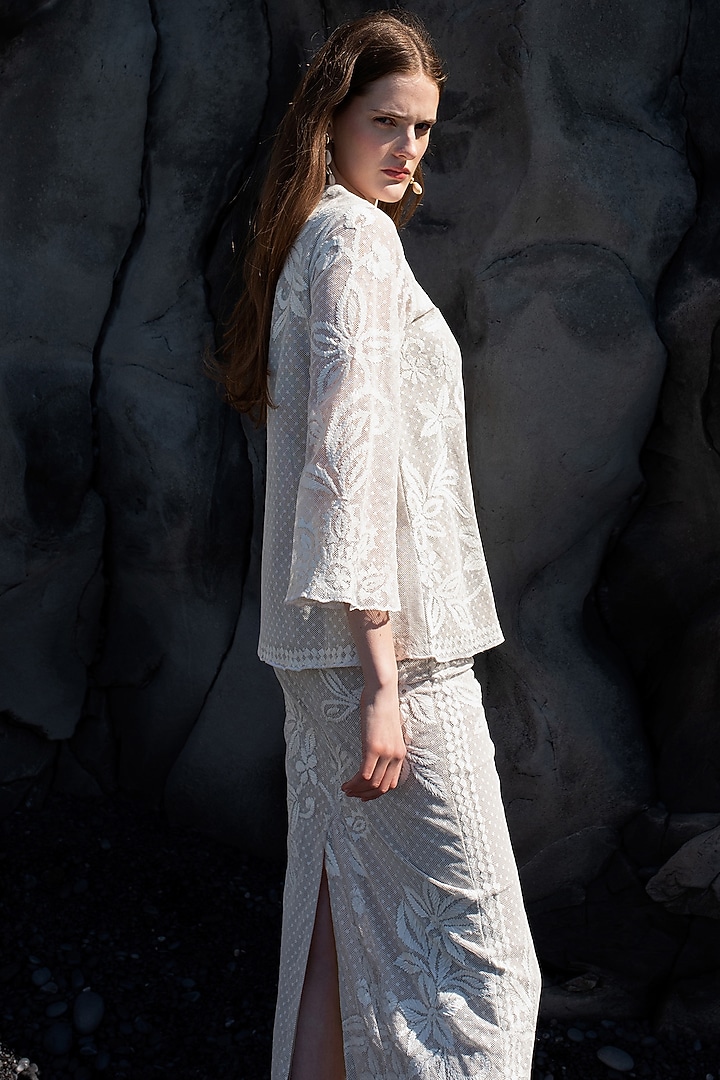 White Dotted Cotton Mesh Embroidered Skirt Set by SEEMA GUJRAL X DASH AND DOT at Pernia's Pop Up Shop