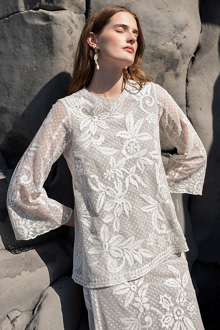 White Dotted Cotton Mesh Embroidered Skirt Set by SEEMA GUJRAL X DASH AND DOT at Pernia's Pop Up Shop
