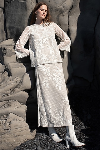 White Dotted Cotton Mesh Embroidered Skirt by SEEMA GUJRAL X DASH AND DOT