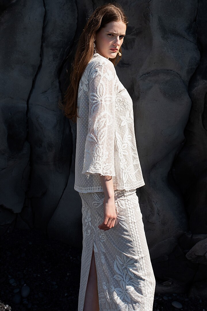 White Dotted Cotton Mesh Embroidered Skirt by SEEMA GUJRAL X DASH AND DOT at Pernia's Pop Up Shop