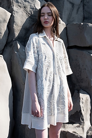 White Dotted Cotton Mesh Embroidered Shirt Dress by SEEMA GUJRAL X DASH AND DOT