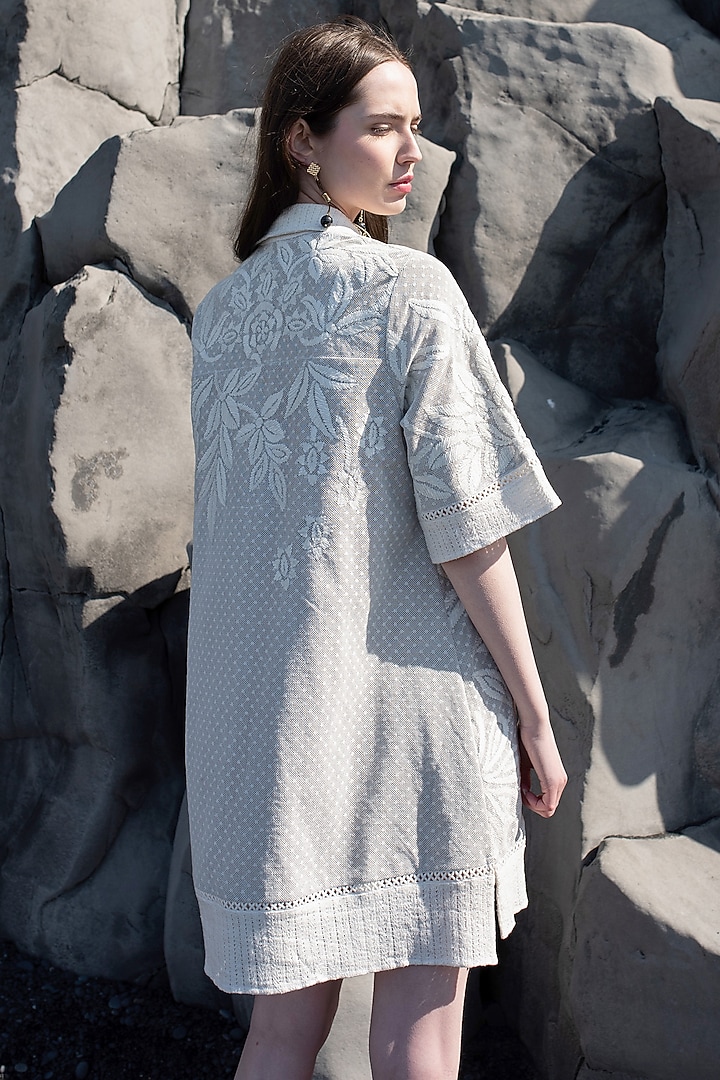 White Dotted Cotton Mesh Embroidered Summer Shirt Dress by SEEMA GUJRAL X DASH AND DOT at Pernia's Pop Up Shop