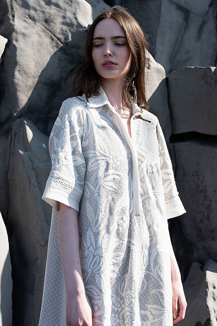 White Dotted Cotton Mesh Embroidered Summer Shirt Dress by SEEMA GUJRAL X DASH AND DOT at Pernia's Pop Up Shop