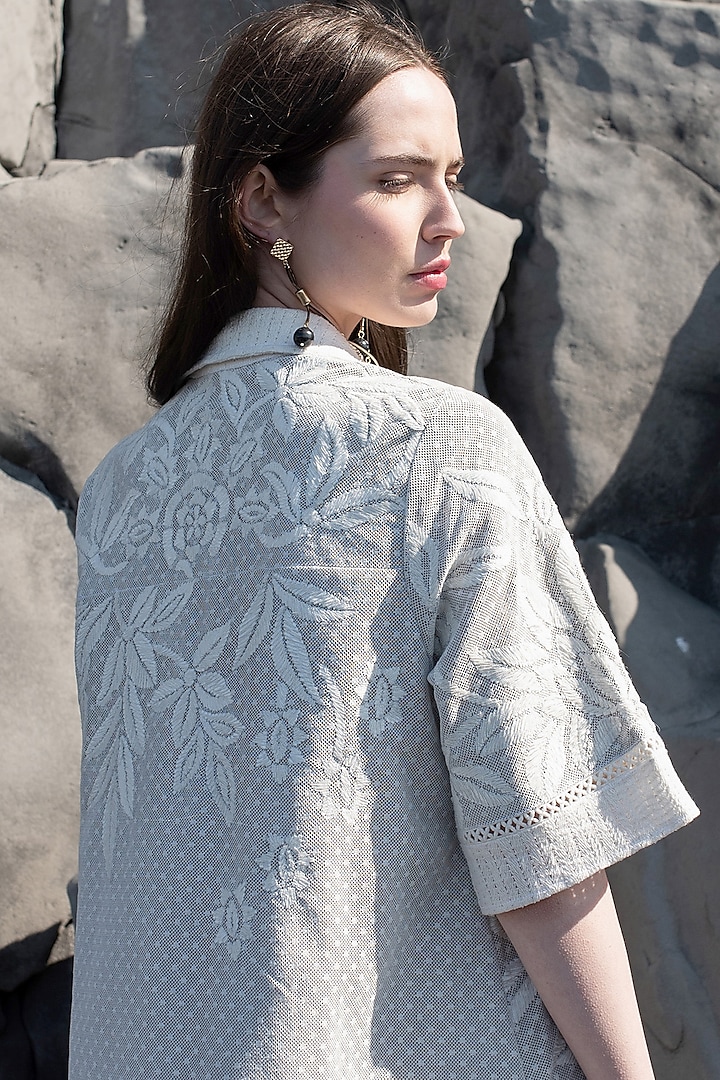 White Dotted Cotton Mesh Embroidered Summer Shirt Dress by SEEMA GUJRAL X DASH AND DOT at Pernia's Pop Up Shop