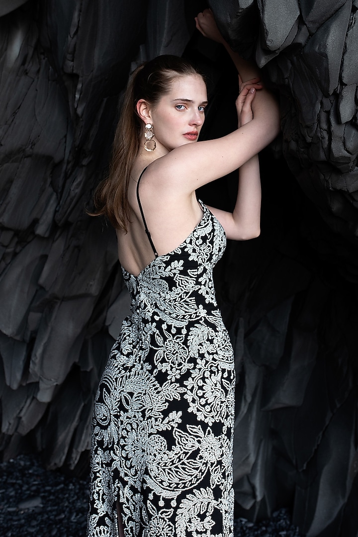 Black & White Viscose Embroidered Gown by SEEMA GUJRAL X DASH AND DOT at Pernia's Pop Up Shop