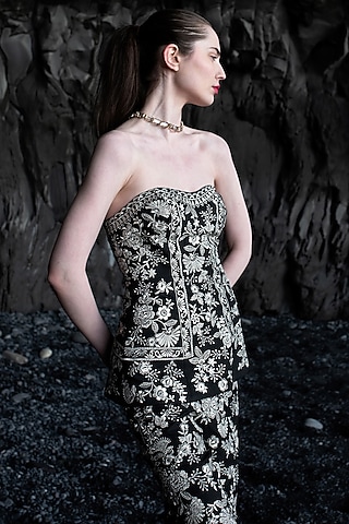 Black Polyester & Viscose Embroidered Corset Top by SEEMA GUJRAL X DASH AND DOT