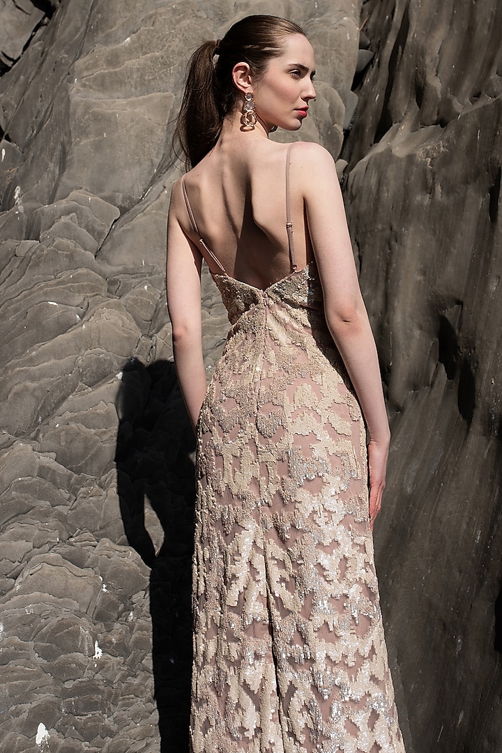 Champagne Nylon Embroidered Party Wear Gown by SEEMA GUJRAL X DASH AND DOT at Pernia's Pop Up Shop